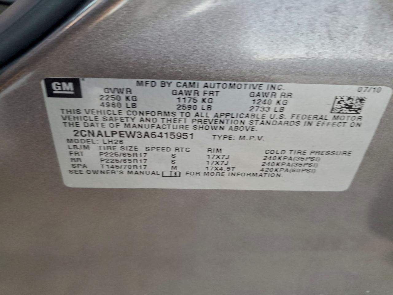 2010 Chevrolet Equinox Lt VIN: 2CNALPEW3A6415951 Lot: 96384035