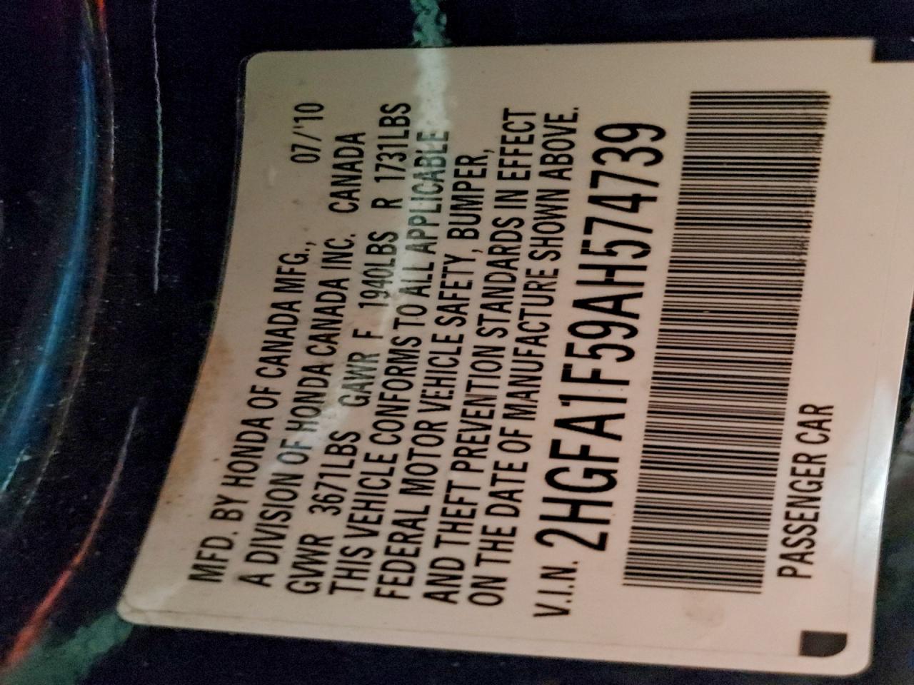 2010 Honda Civic Lx VIN: 2HGFA1F59AH574739 Lot: 94348245