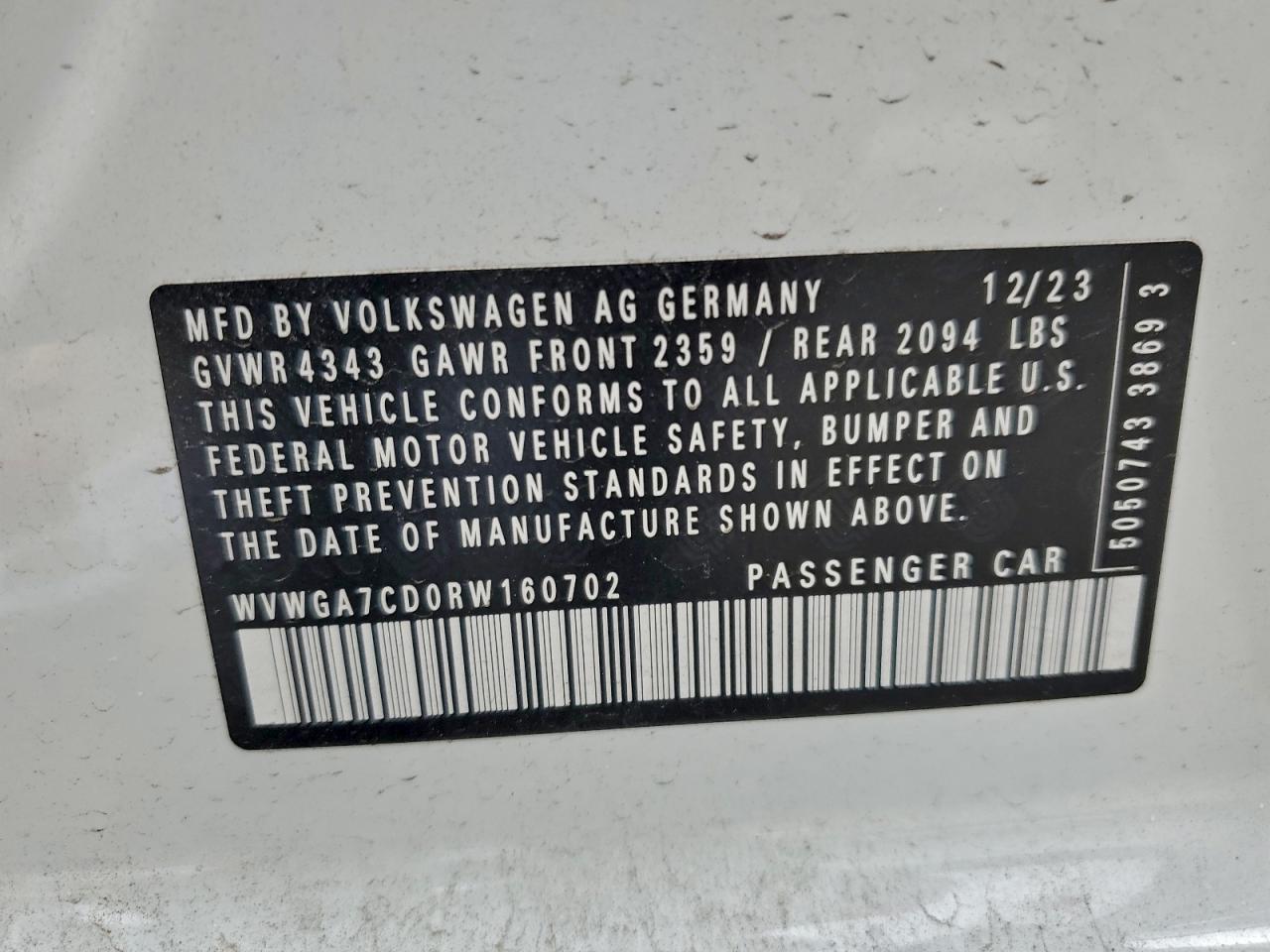 2024 Volkswagen Gti S VIN: WVWGA7CD0RW160702 Lot: 94435165