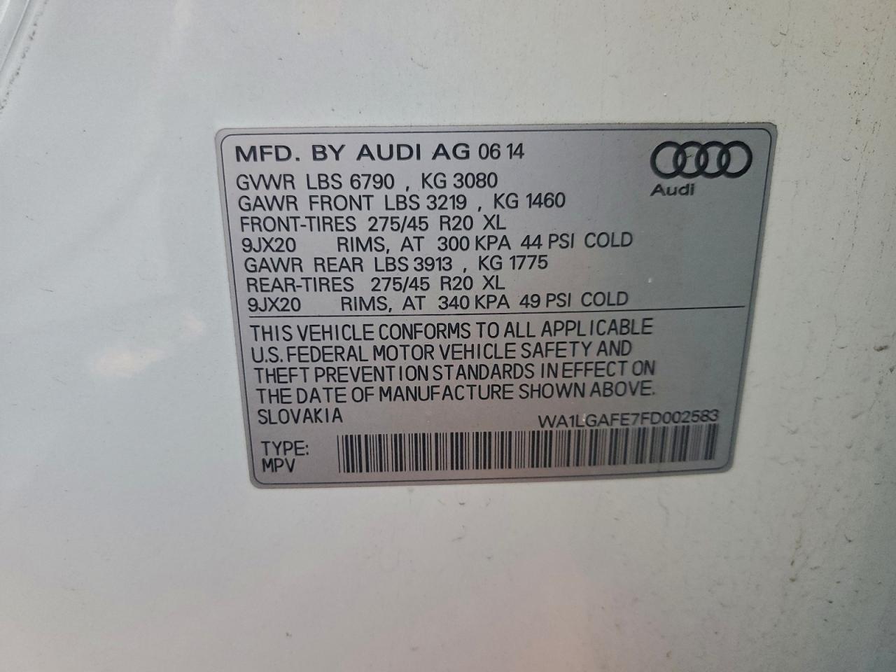 2015 Audi Q7 Premium Plus VIN: WA1LGAFE7FD002583 Lot: 96683025