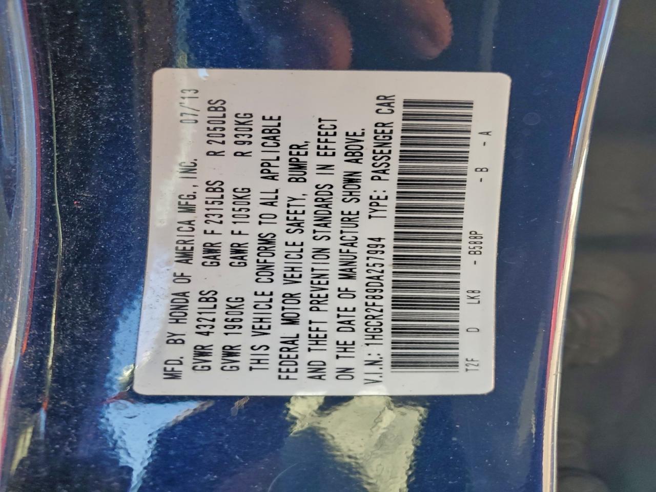 2013 Honda Accord Exl VIN: 1HGCR2F89DA257994 Lot: 98205345