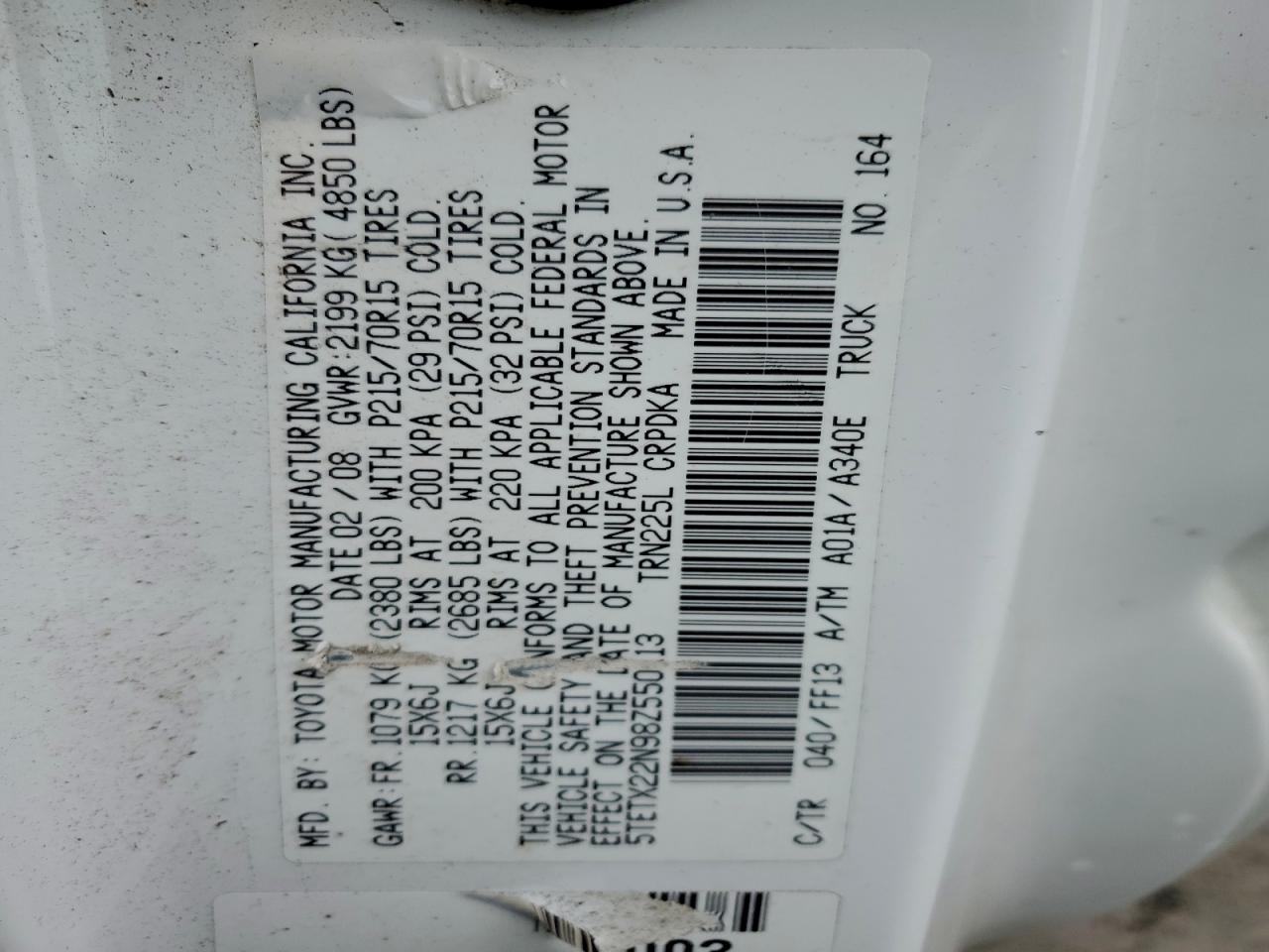 2008 Toyota Tacoma Access Cab VIN: 5TETX22N98Z550113 Lot: 95977105