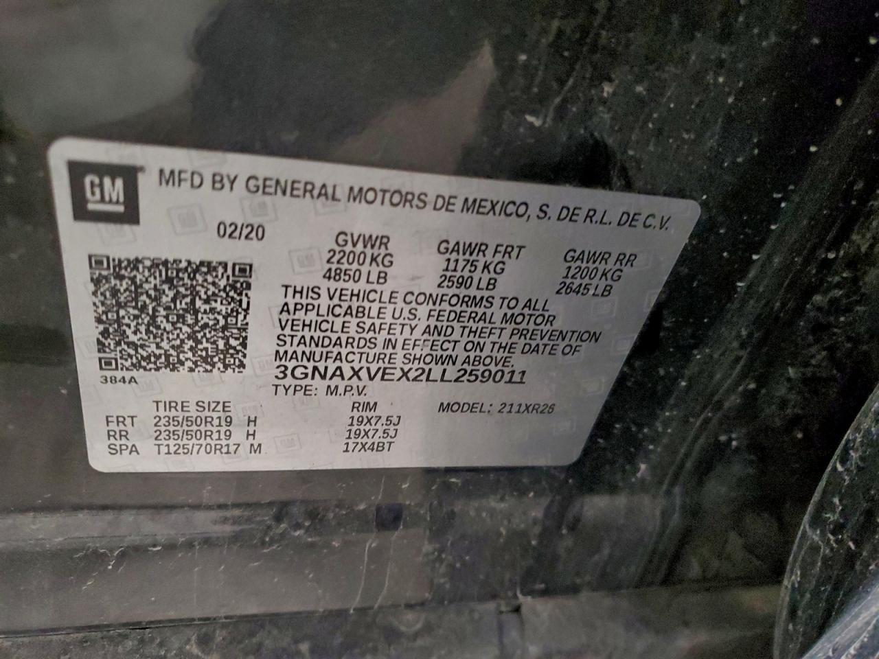 2020 Chevrolet Equinox Lt VIN: 3GNAXVEX2LL259011 Lot: 85440385