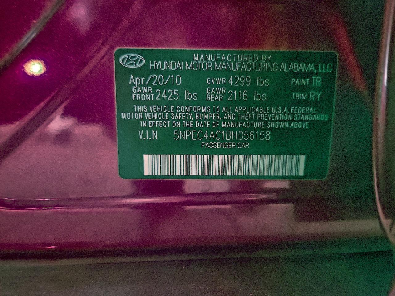 2011 Hyundai Sonata Se VIN: 5NPEC4AC1BH056158 Lot: 97580475