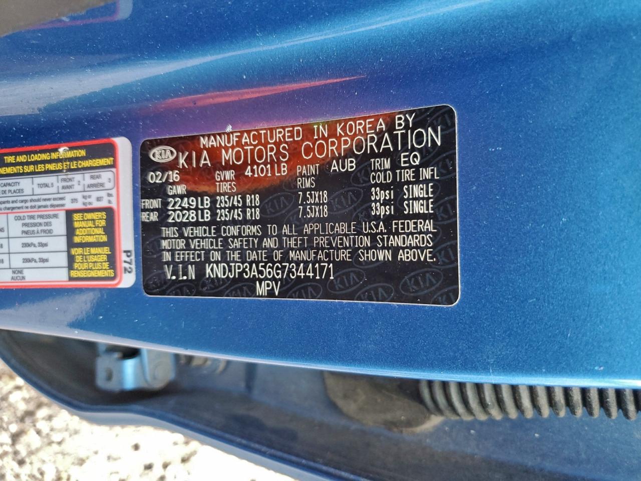 2016 Kia Soul + VIN: KNDJP3A56G7344171 Lot: 95492925