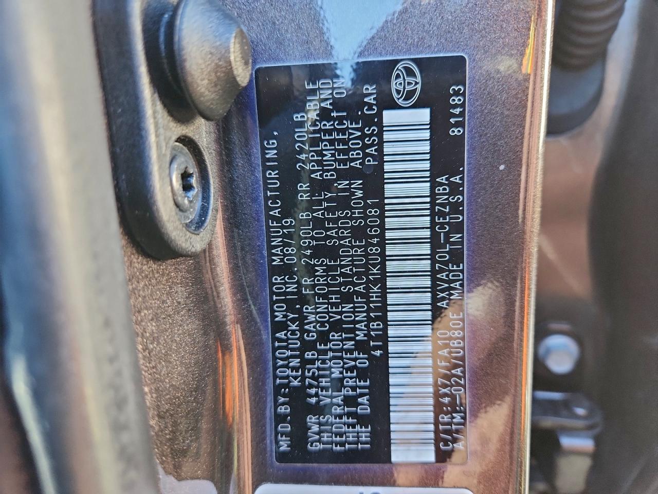 2019 Toyota Camry L VIN: 4T1B11HK1KU846081 Lot: 96977945