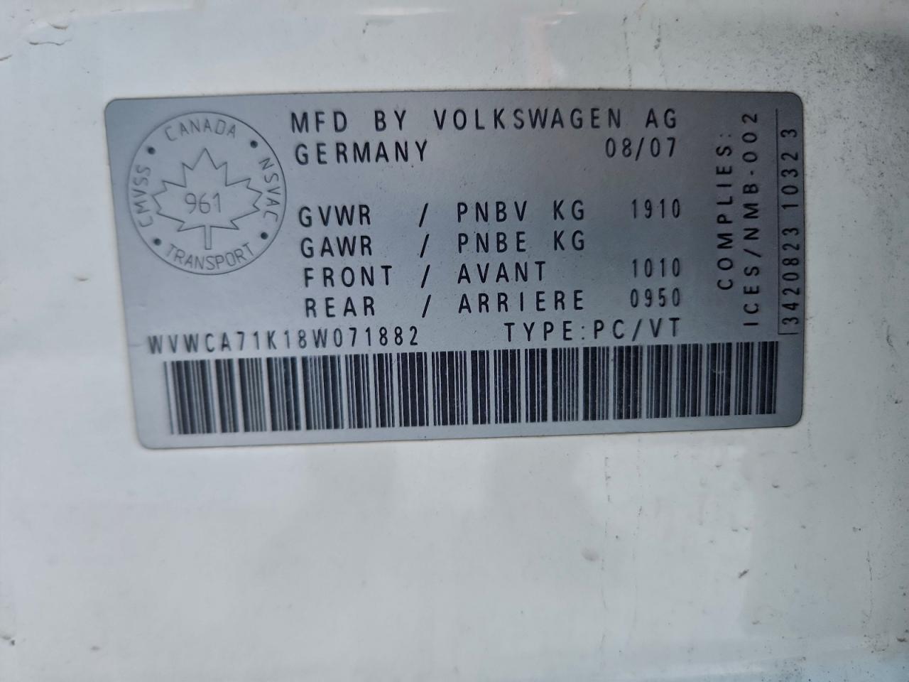 2008 Volkswagen Rabbit VIN: WVWCA71K18W071882 Lot: 94256265