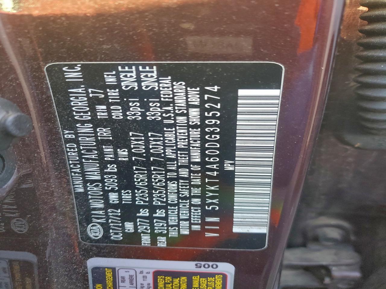 2013 Kia Sorento Lx VIN: 5XYKT4A60DG395274 Lot: 95008605