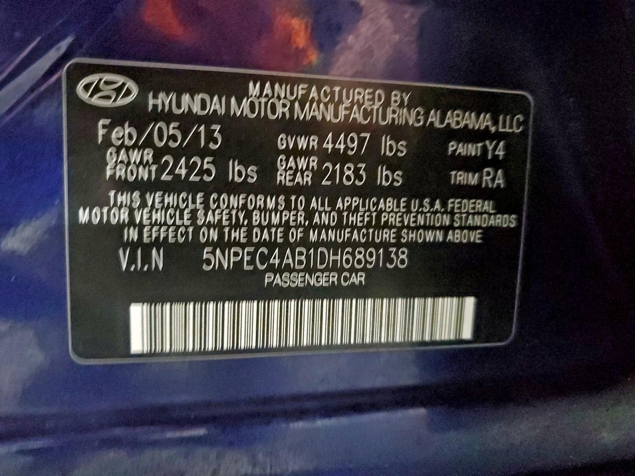 2013 Hyundai Sonata Se VIN: 5NPEC4AB1DH689138 Lot: 97112745