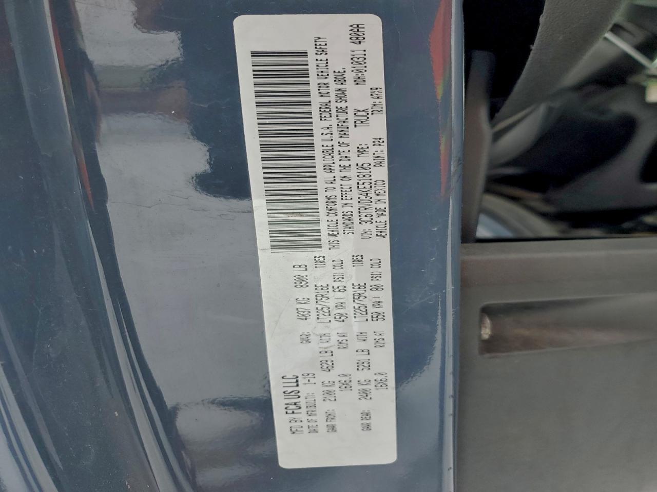 2019 Ram Promaster 2500 2500 High VIN: 3C6TRVDG4KE518105 Lot: 94754485