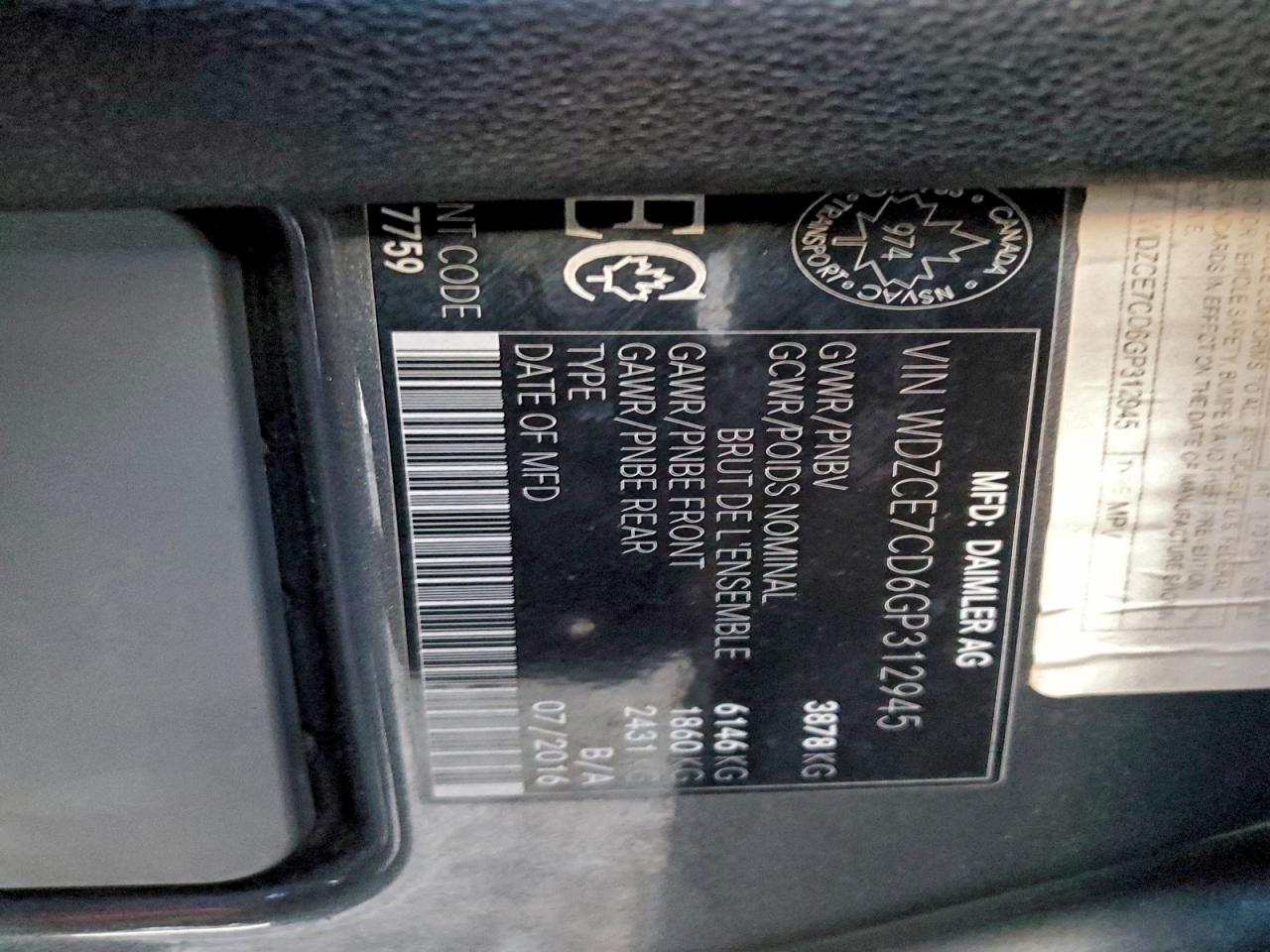 2016 Mercedes-Benz Sprinter 2500 VIN: WDZCE7CD6GP312945 Lot: 96406705