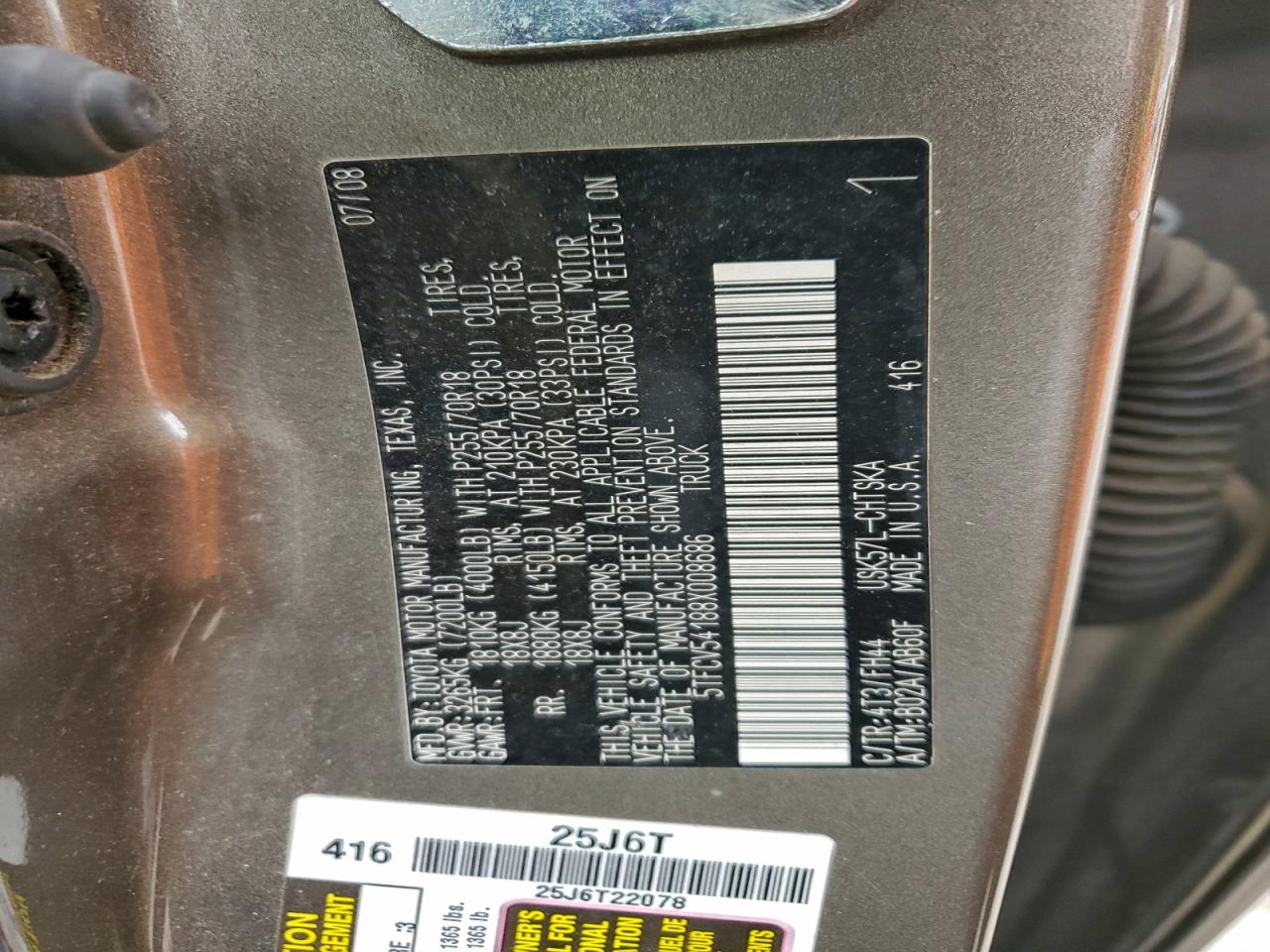 2008 Toyota Tundra Double Cab VIN: 5TFCV54188X008686 Lot: 96273085