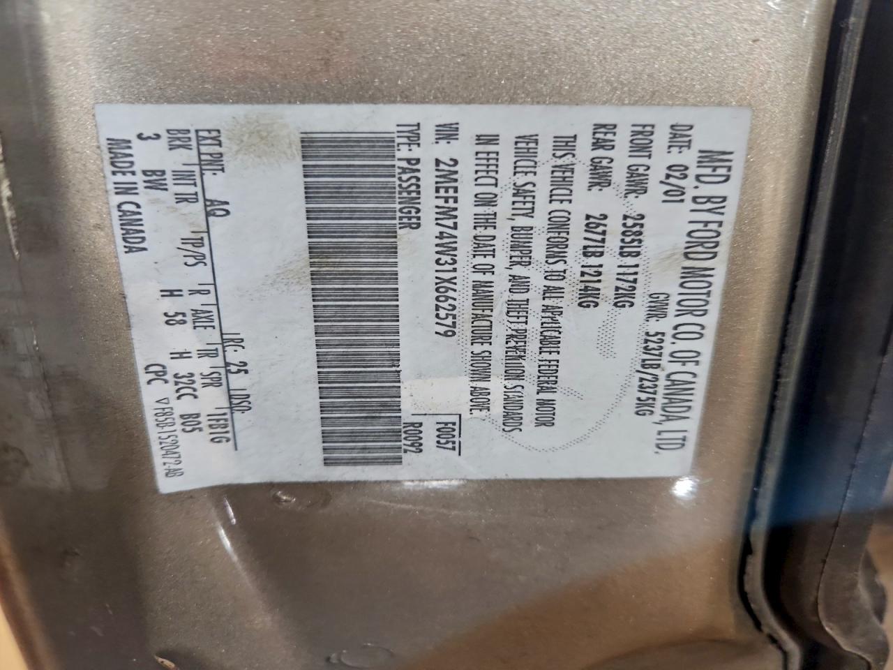 2001 Mercury Grand Marquis Gs VIN: 2MEFM74W31X662579 Lot: 94908525