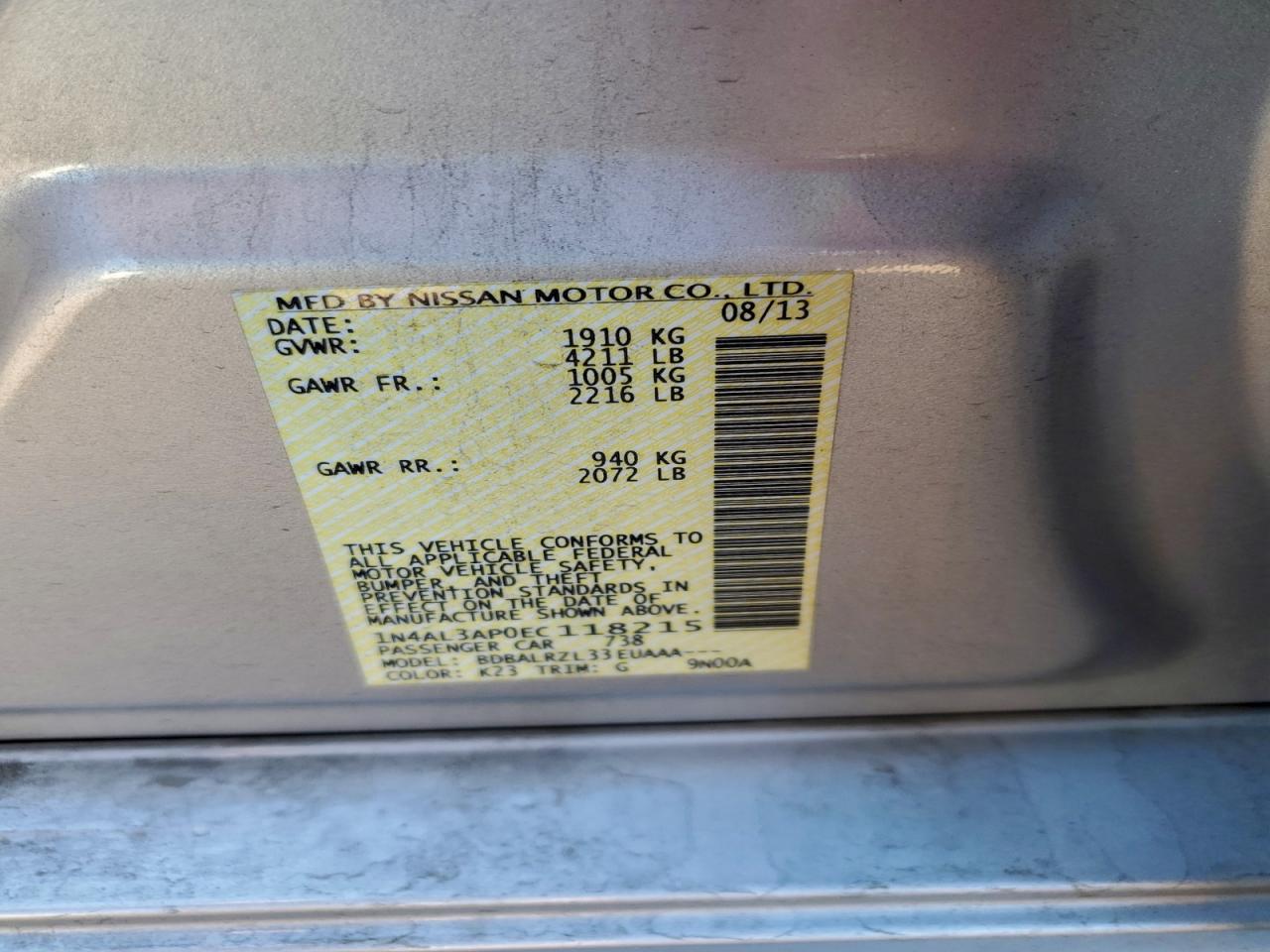 2014 Nissan Altima 2.5 VIN: 1N4AL3AP0EC118215 Lot: 96037445