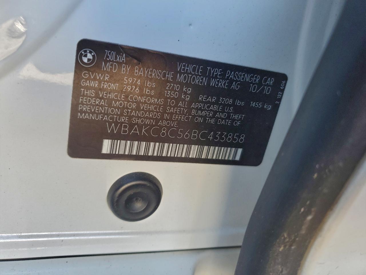 2011 BMW 750 Lxi VIN: WBAKC8C56BC433858 Lot: 94308455