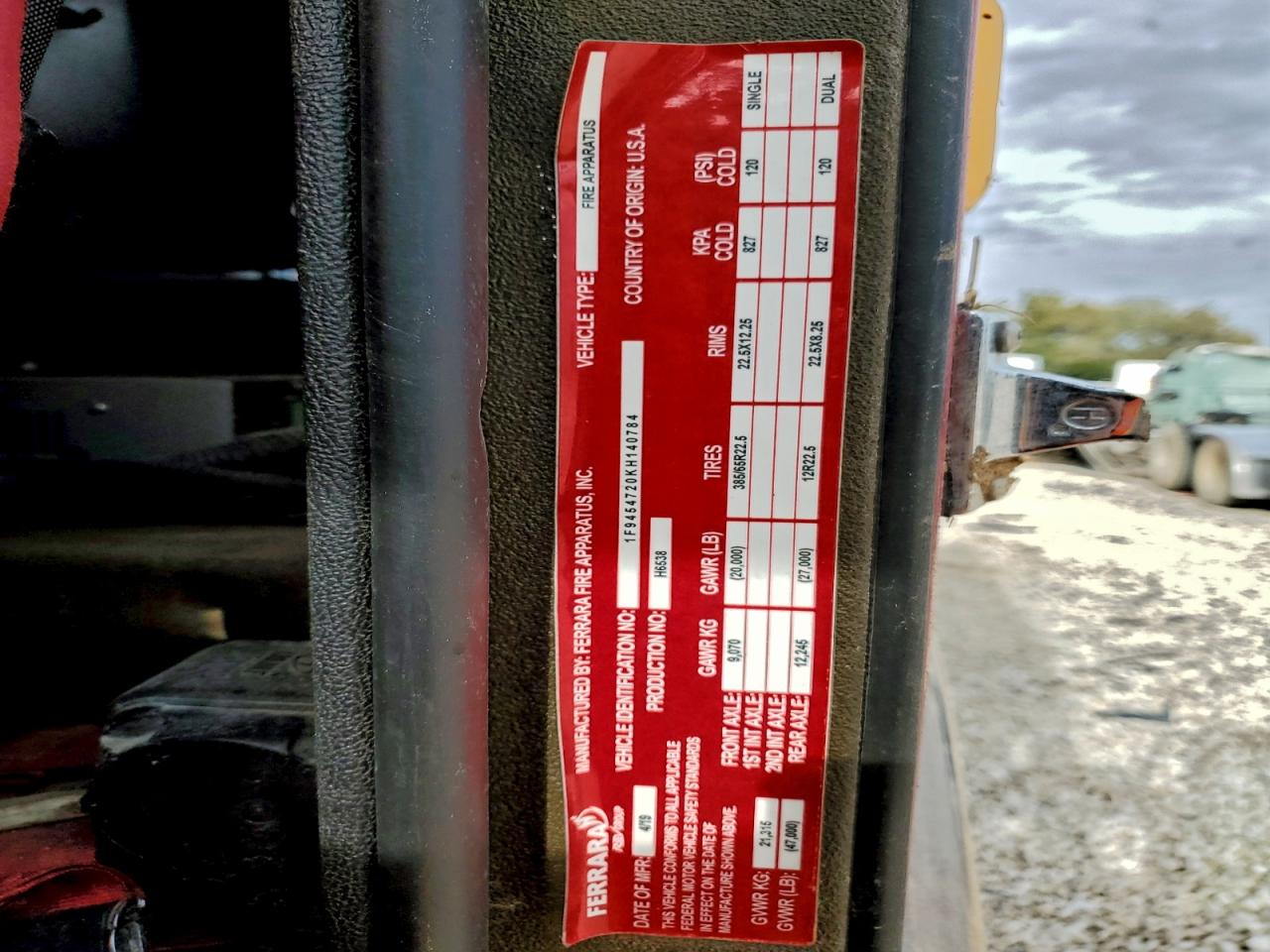 2019 Flrn Fire Apparatus - Fire Truck VIN: 1F9454720KH140784 Lot: 94944875