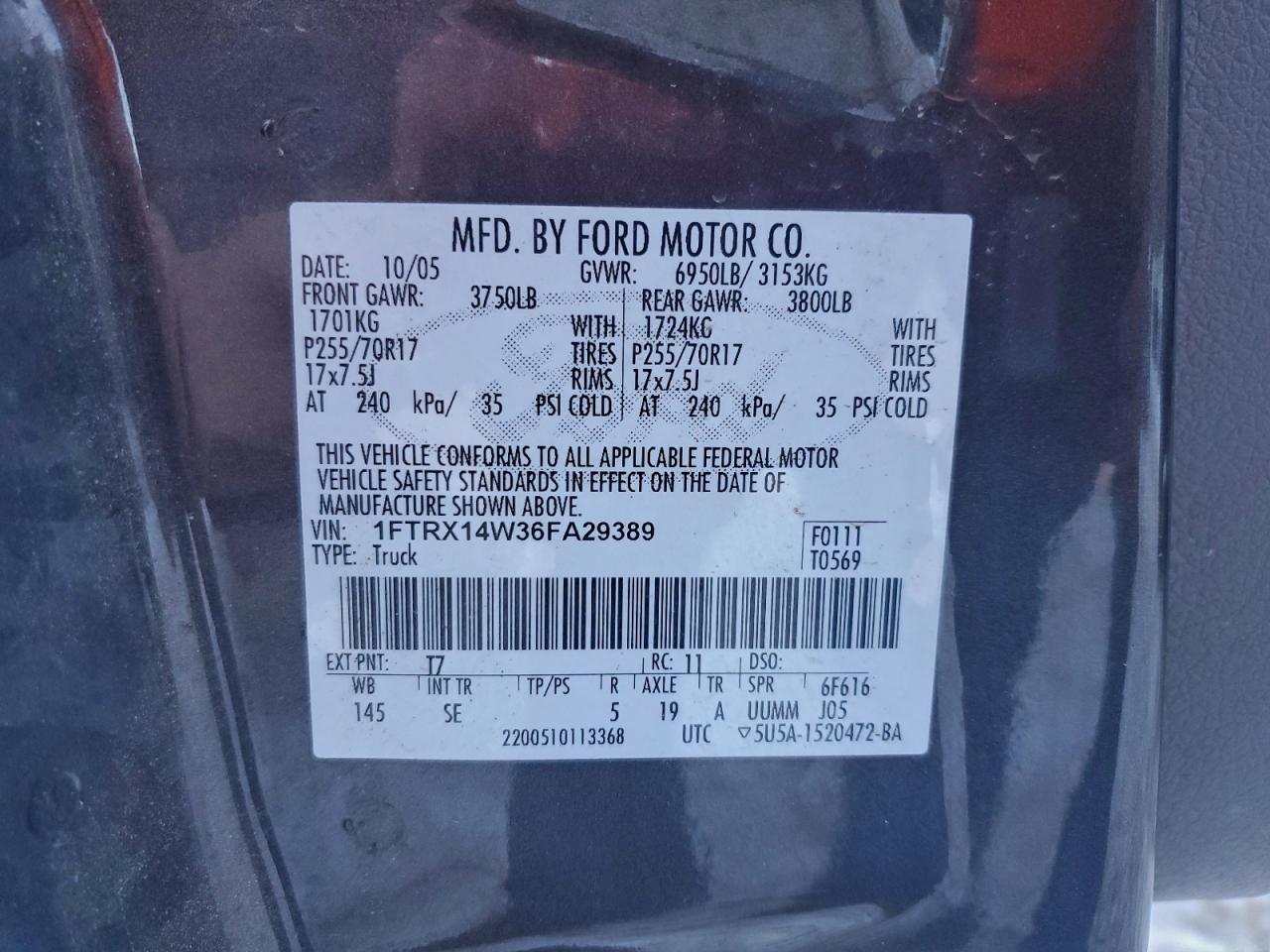 2006 Ford F150 VIN: 1FTRX14W36FA29389 Lot: 96894595