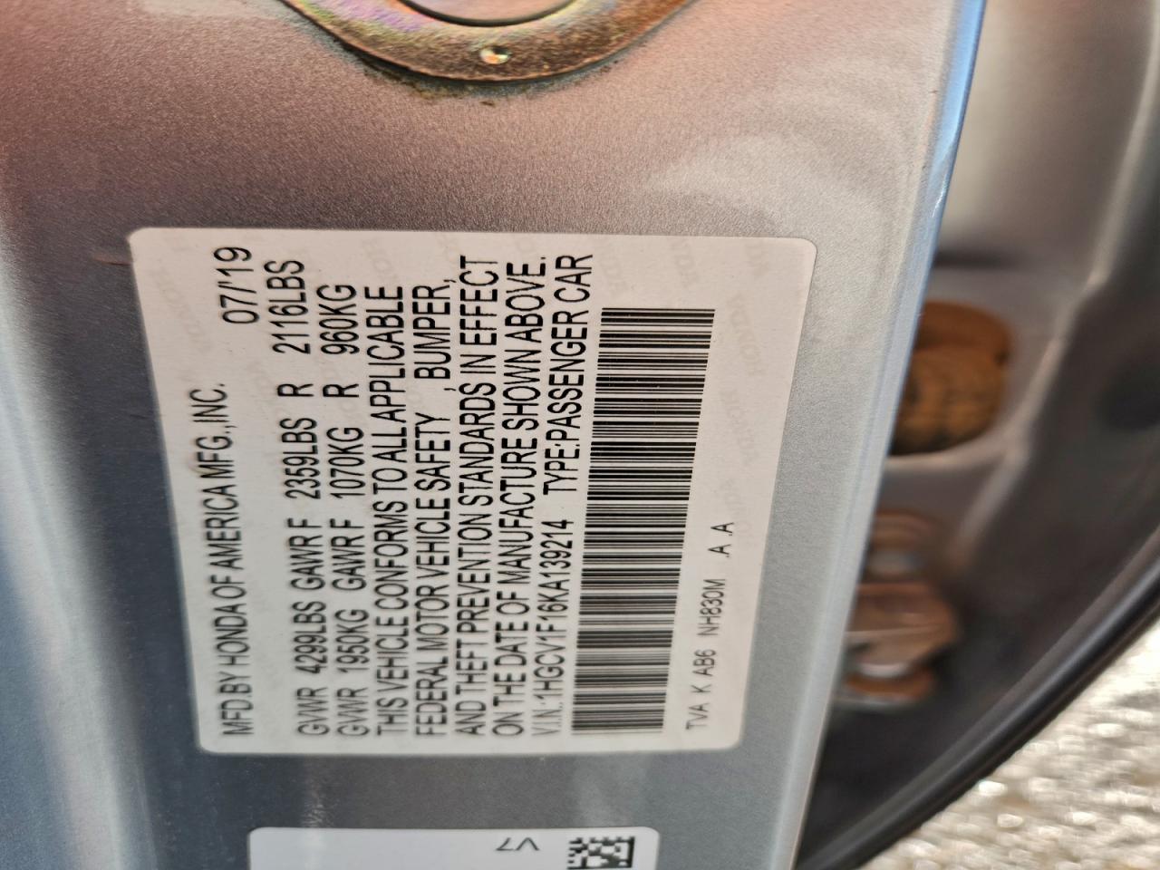 2019 Honda Accord Lx VIN: 1HGCV1F16KA139214 Lot: 95096555