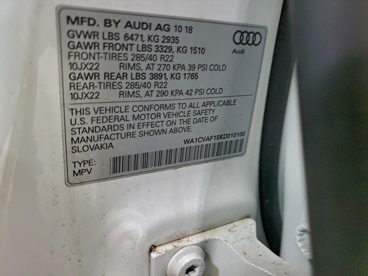 2019 Audi Q8 Prestige VIN: WA1CVAF15KD010100 Lot: 95138825