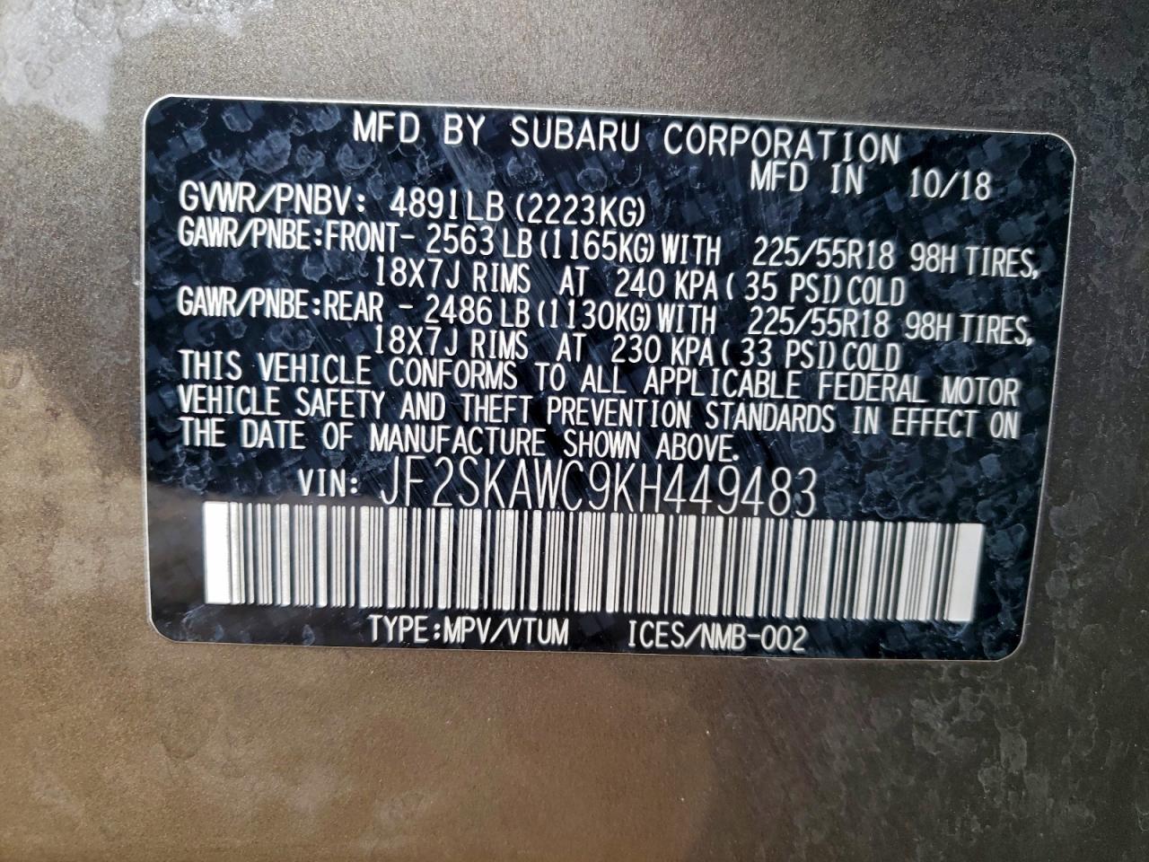 2019 Subaru Forester Touring VIN: JF2SKAWC9KH449483 Lot: 95427185