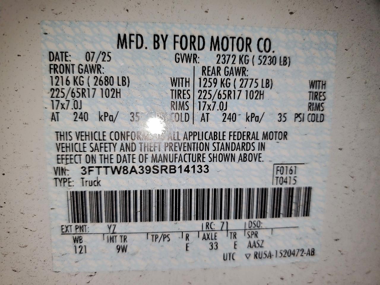 2025 Ford Maverick Xl VIN: 3FTTW8A39SRB14133 Lot: 93978245