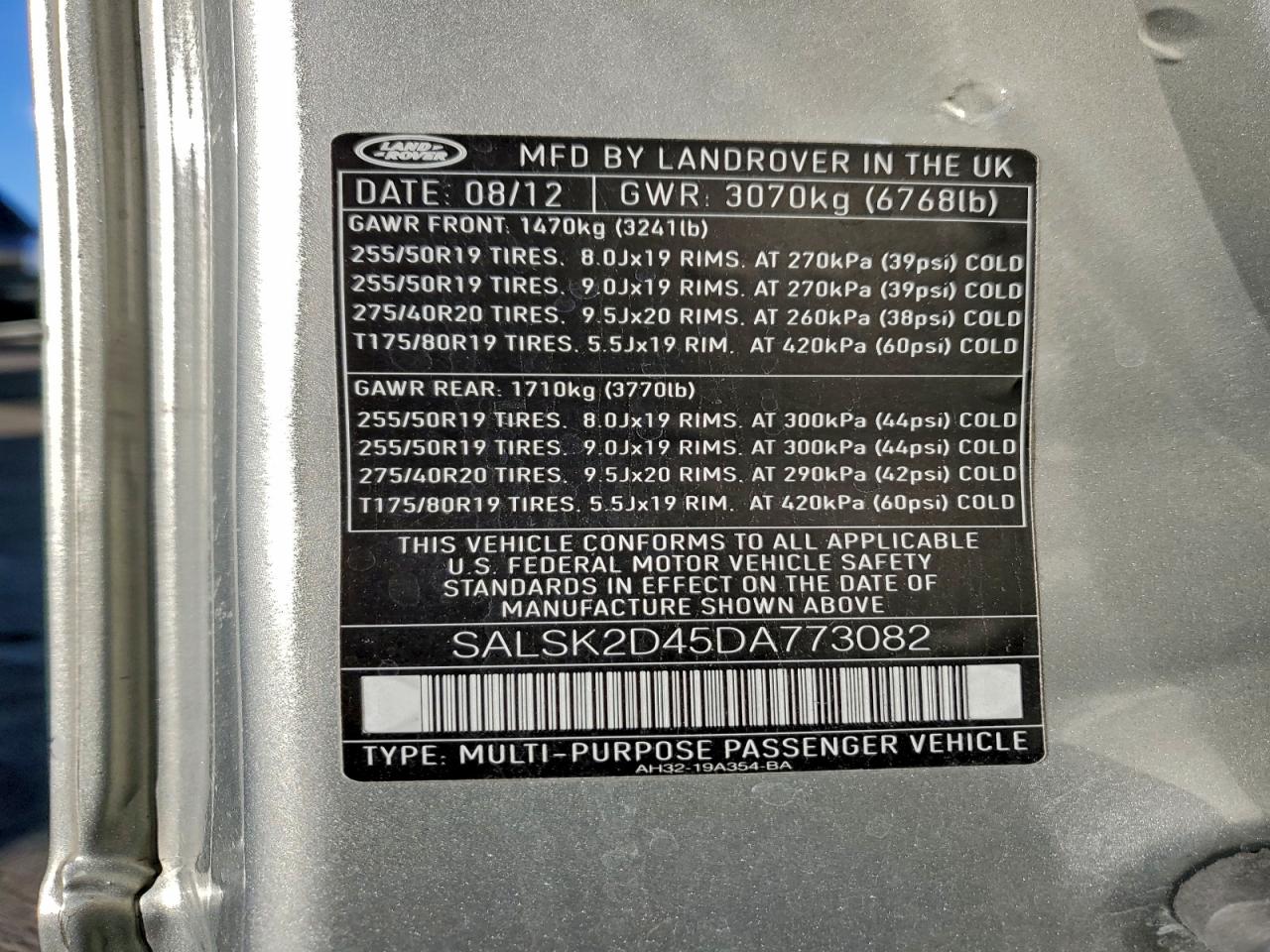 2013 Land Rover Range Rover Sport Hse Luxury VIN: SALSK2D45DA773082 Lot: 97580595