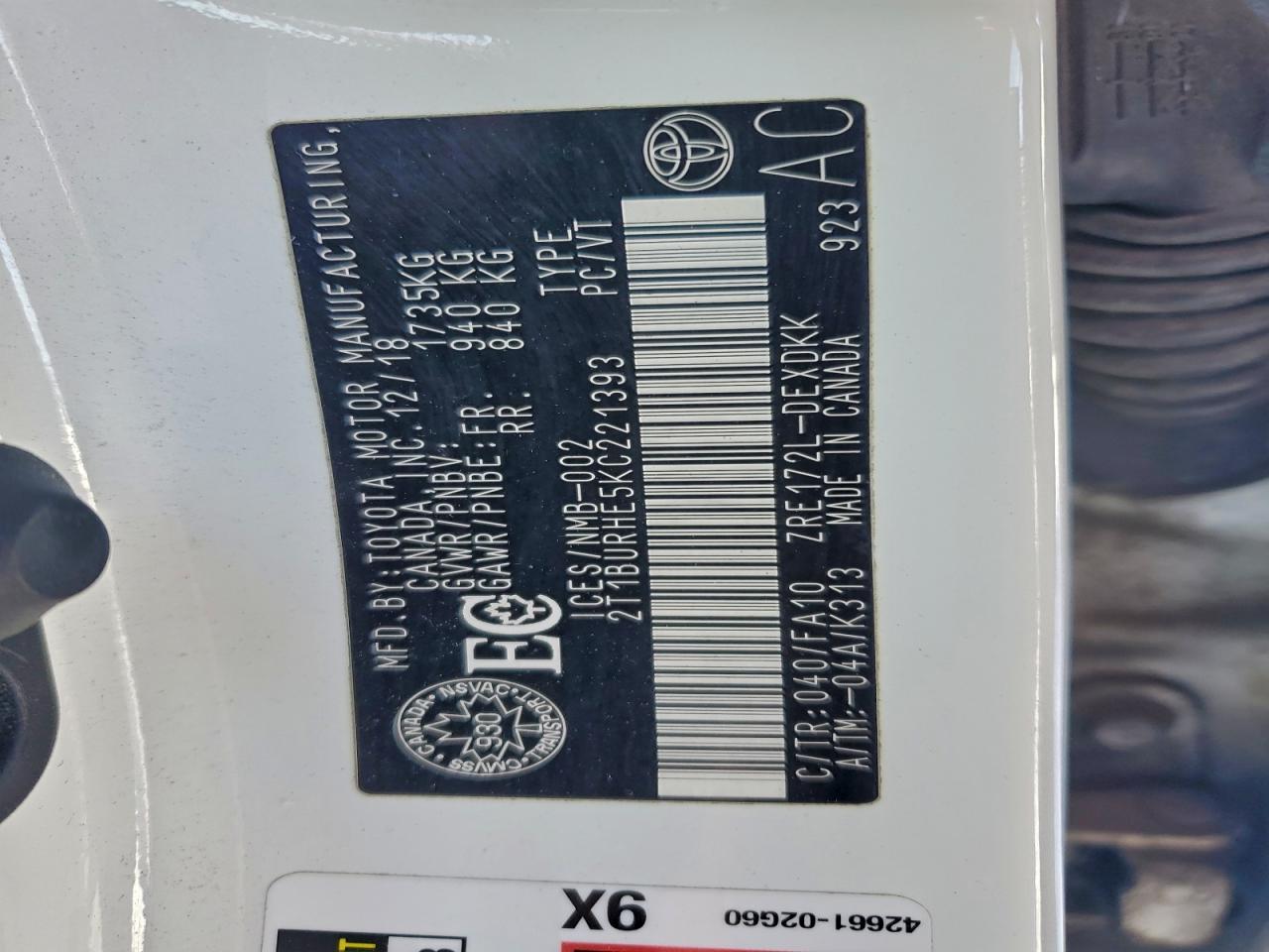 2019 Toyota Corolla L VIN: 2T1BURHE5KC221393 Lot: 94953405