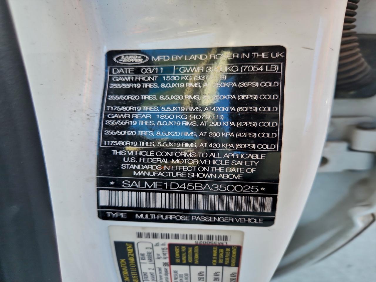 2011 Land Rover Range Rover Hse VIN: SALME1D45BA350025 Lot: 96766405