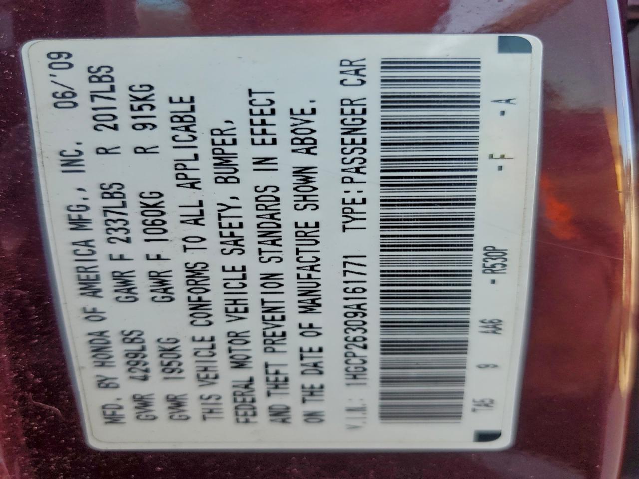 2009 Honda Accord Lx VIN: 1HGCP26309A161771 Lot: 95522715