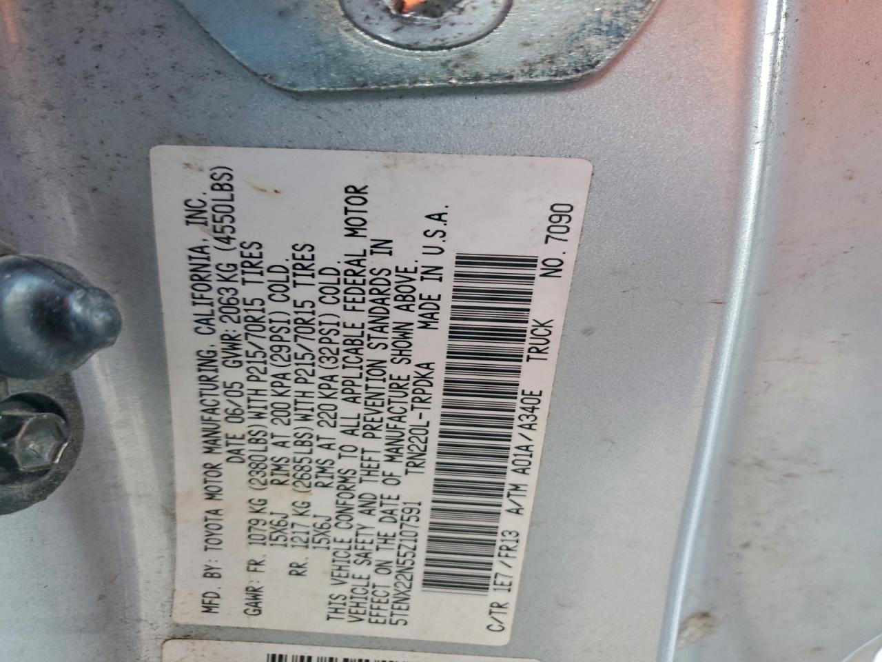 2005 Toyota Tacoma VIN: 5TENX22N55Z107591 Lot: 94918035