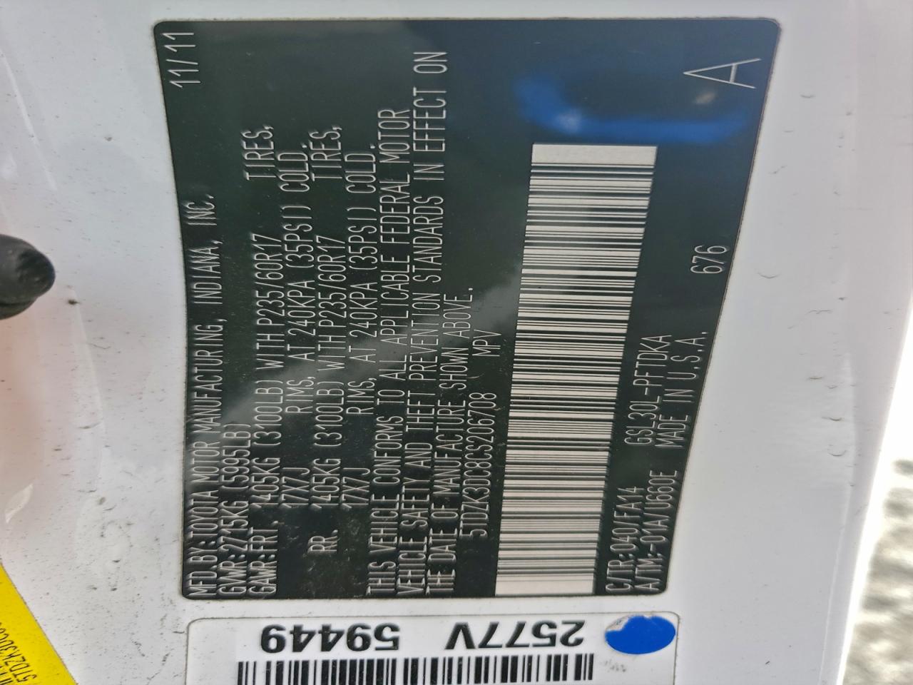 2012 Toyota Sienna VIN: 5TDZK3DC8CS206708 Lot: 94950905