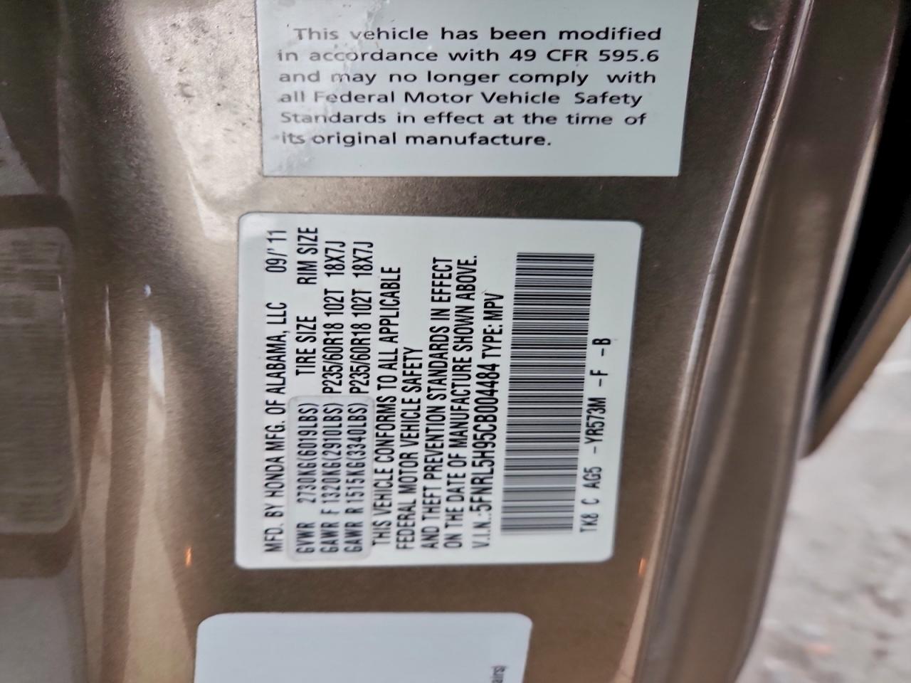 2012 Honda Odyssey Touring VIN: 5FNRL5H95CB004484 Lot: 96341915