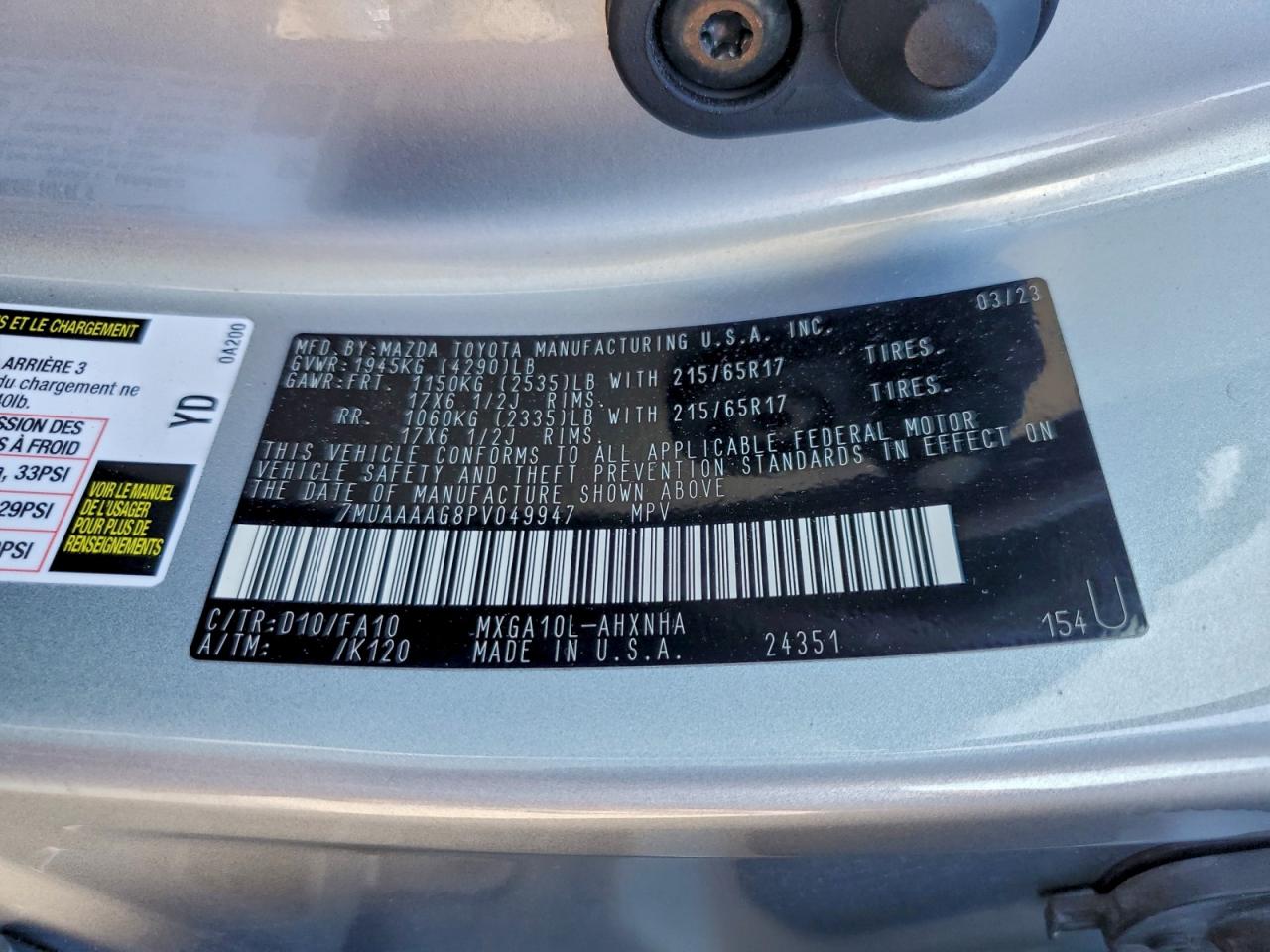 2023 Toyota Corolla Cross L VIN: 7MUAAAAG8PV049947 Lot: 96412255