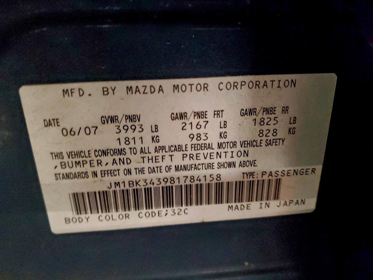 2008 Mazda 3 Hatchback VIN: JM1BK343981784158 Lot: 93148275