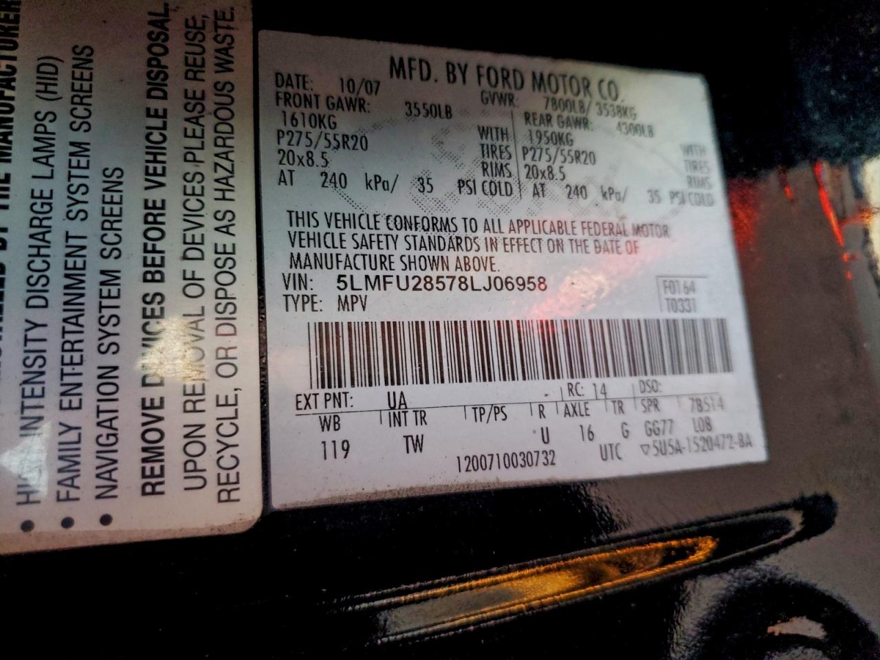 2008 Lincoln Navigator VIN: 5LMFU28578LJ06958 Lot: 95836825