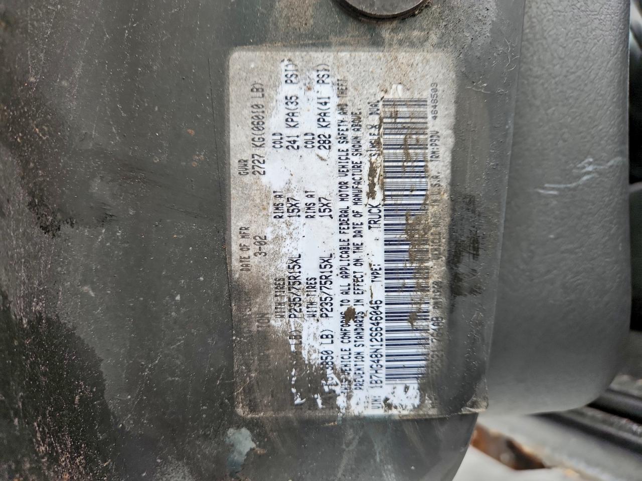 2002 Dodge Dakota Quad Slt VIN: 1B7HG48N12S646046 Lot: 95863435