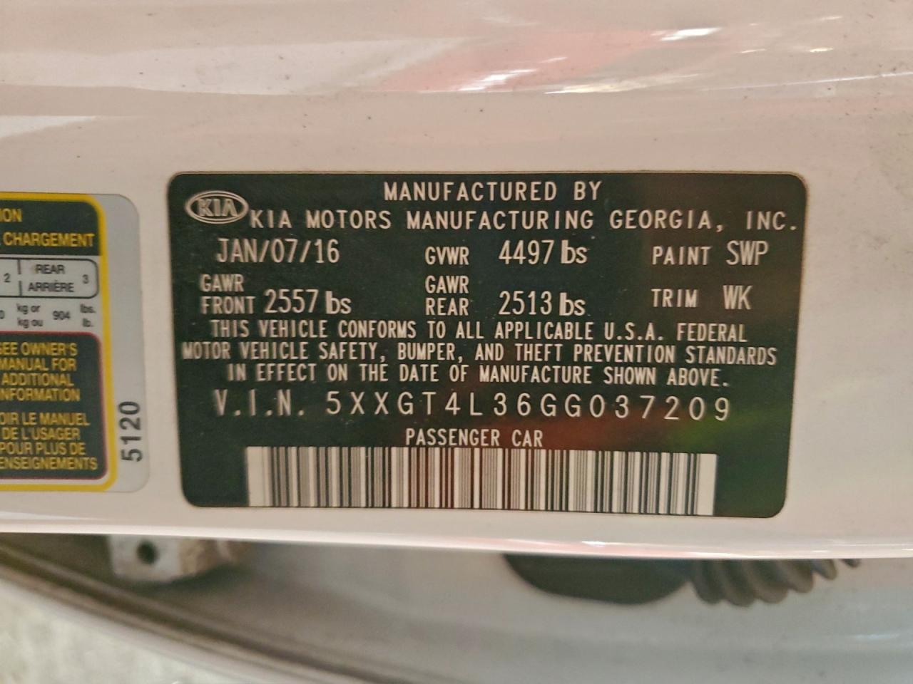 2016 Kia Optima Lx VIN: 5XXGT4L36GG037209 Lot: 96728605