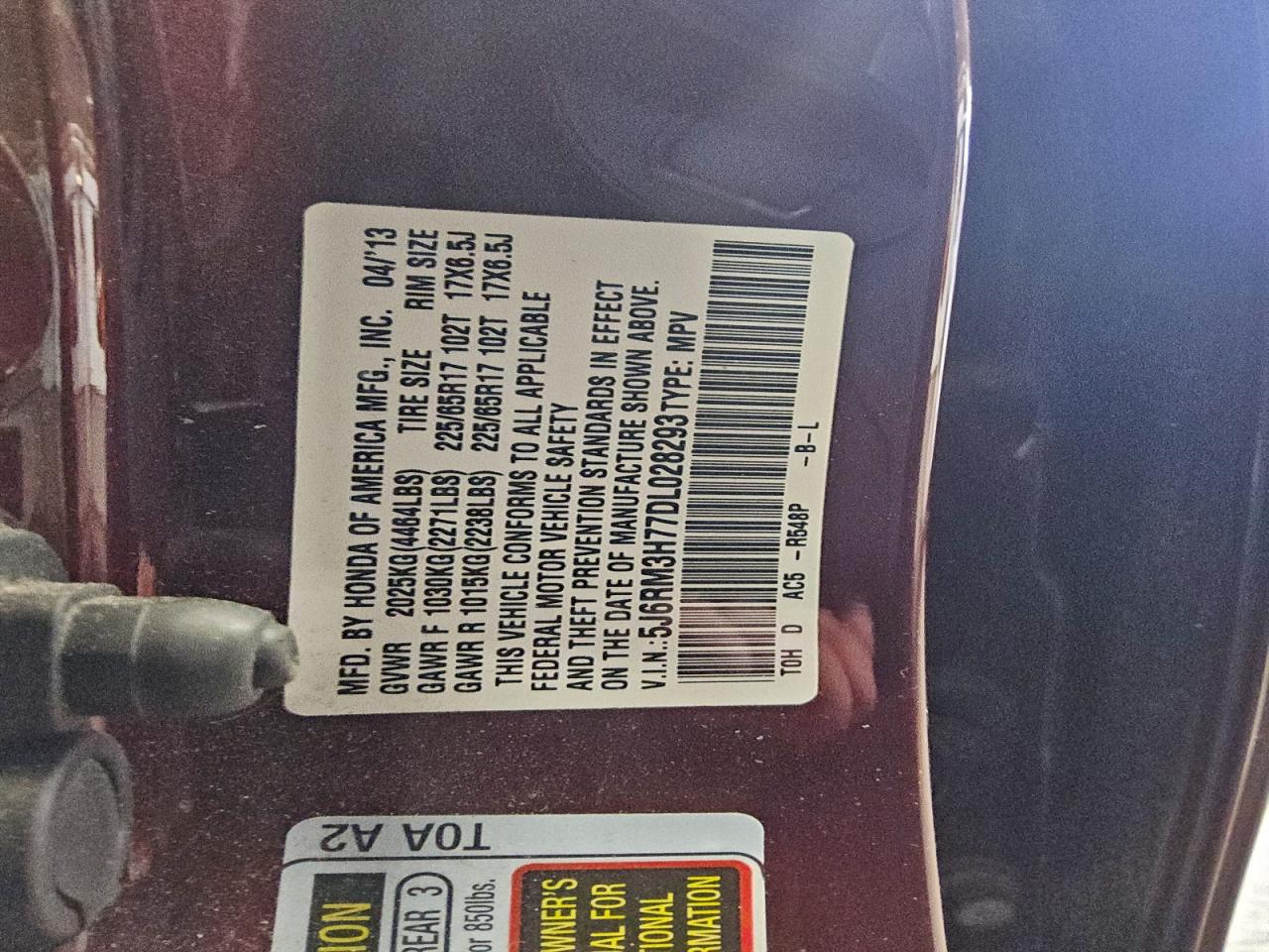 2013 Honda Cr-V Exl VIN: 5J6RM3H77DL028293 Lot: 94495835