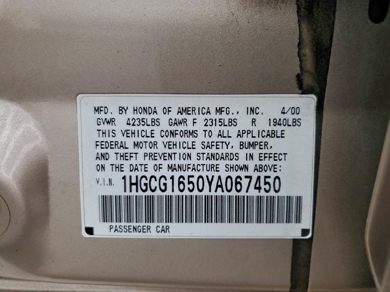 2000 Honda Accord Ex VIN: 1HGCG1650YA067450 Lot: 95983475