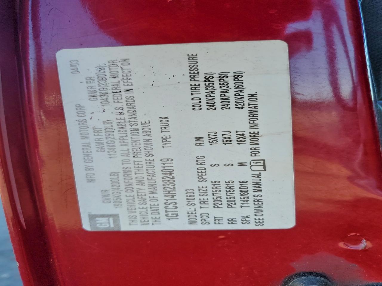 2003 GMC Sonoma VIN: 1GTCS14H238240119 Lot: 95250025