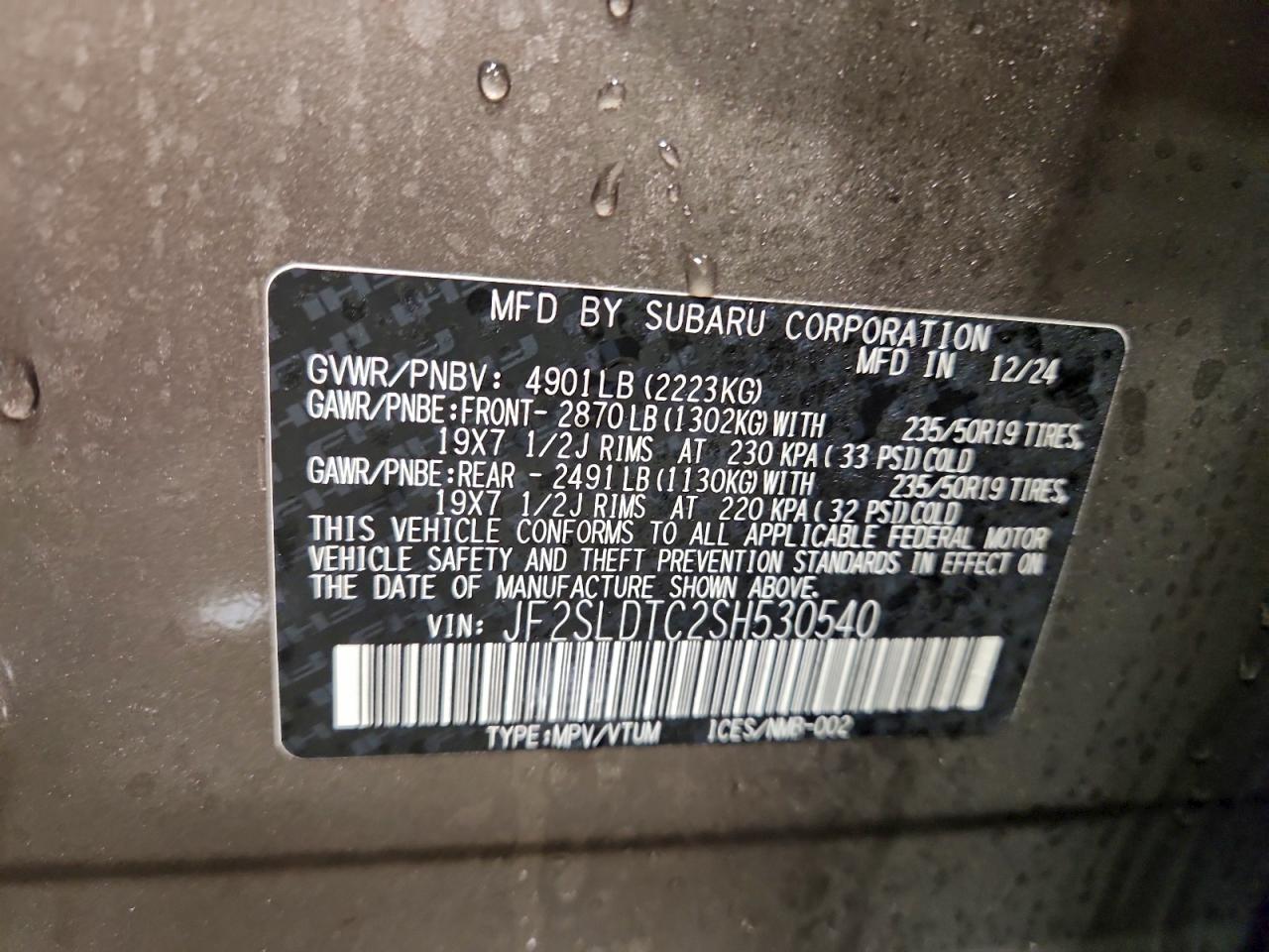 2025 Subaru Forester Touring VIN: JF2SLDTC2SH530540 Lot: 94058005