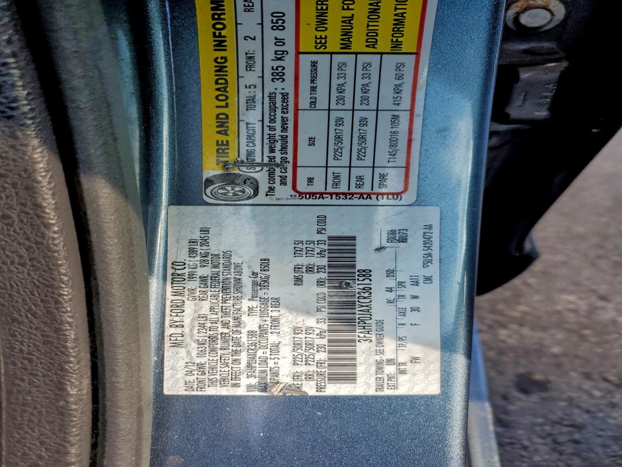 2012 Ford Fusion Sel VIN: 3FAHP0JAXCR361588 Lot: 95688175