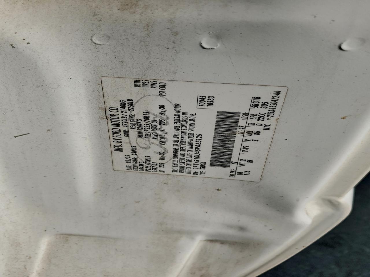 2005 Ford Ranger VIN: 1FTYR10U45PA65126 Lot: 96232285