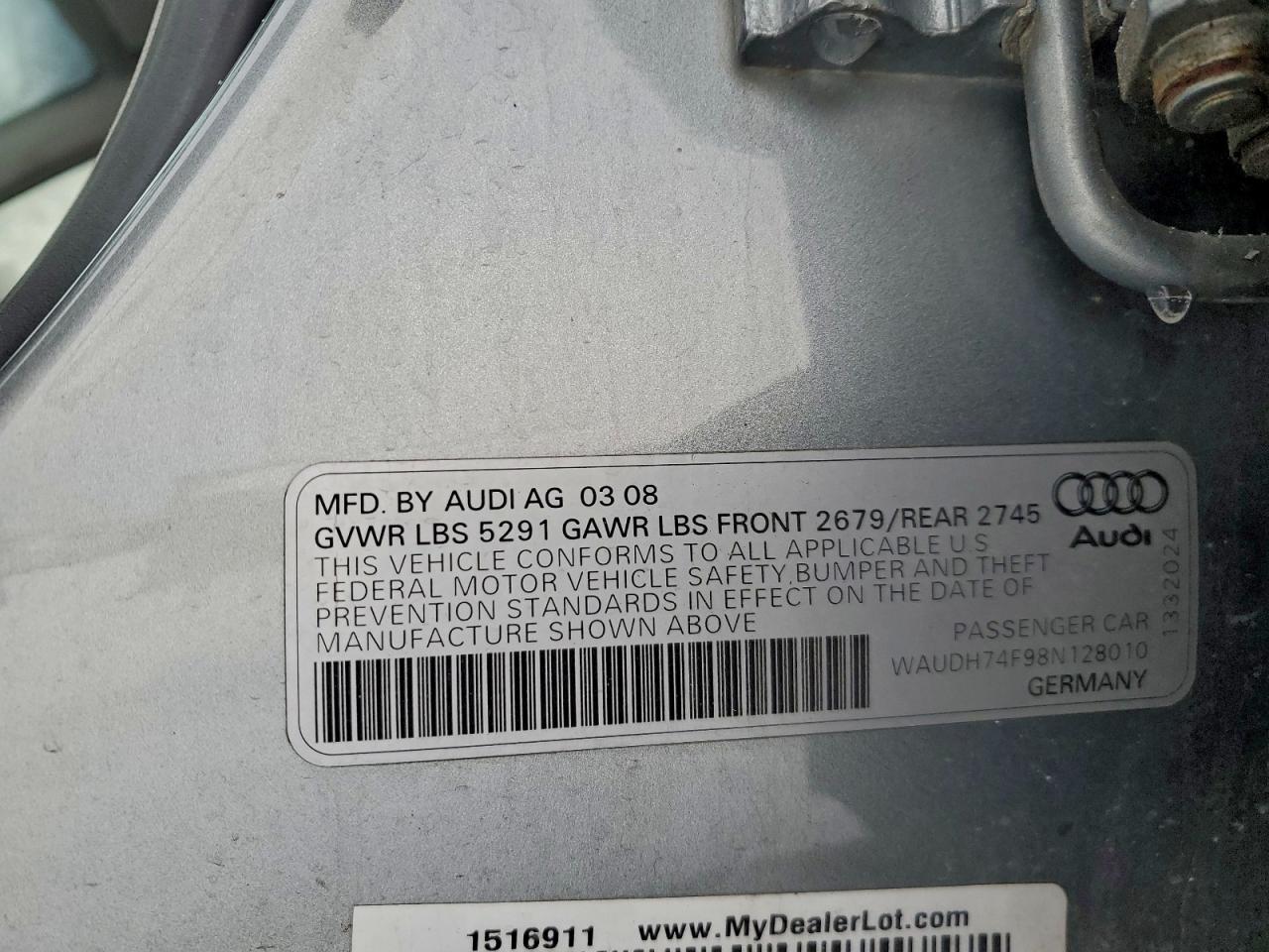 2008 Audi A6 3.2 Quattro VIN: WAUDH74F98N128010 Lot: 94384335