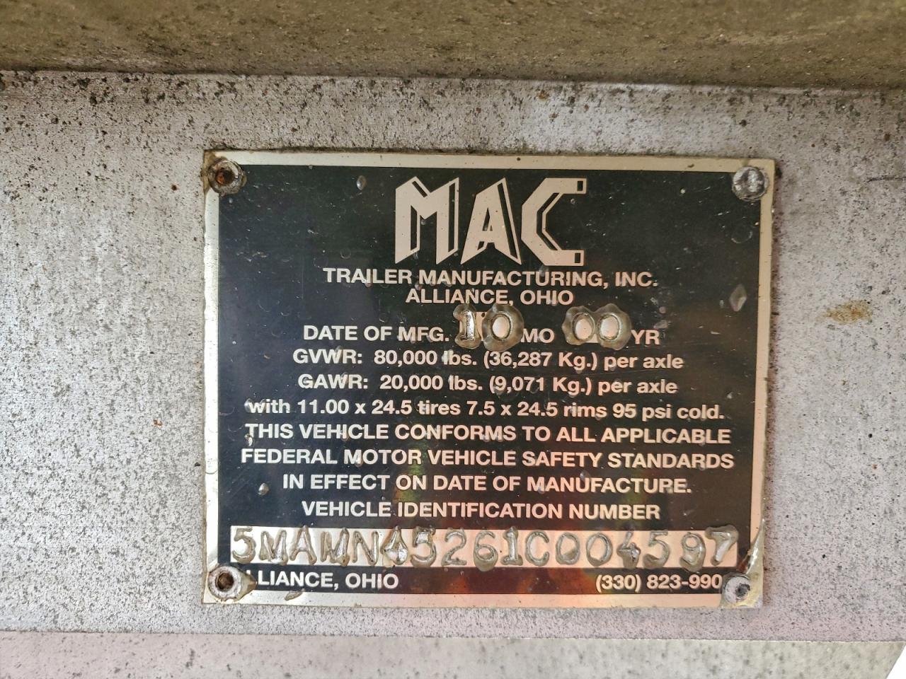 2001 Mac Walking Floor Trailer VIN: 5MAMN45261C004597 Lot: 92577495