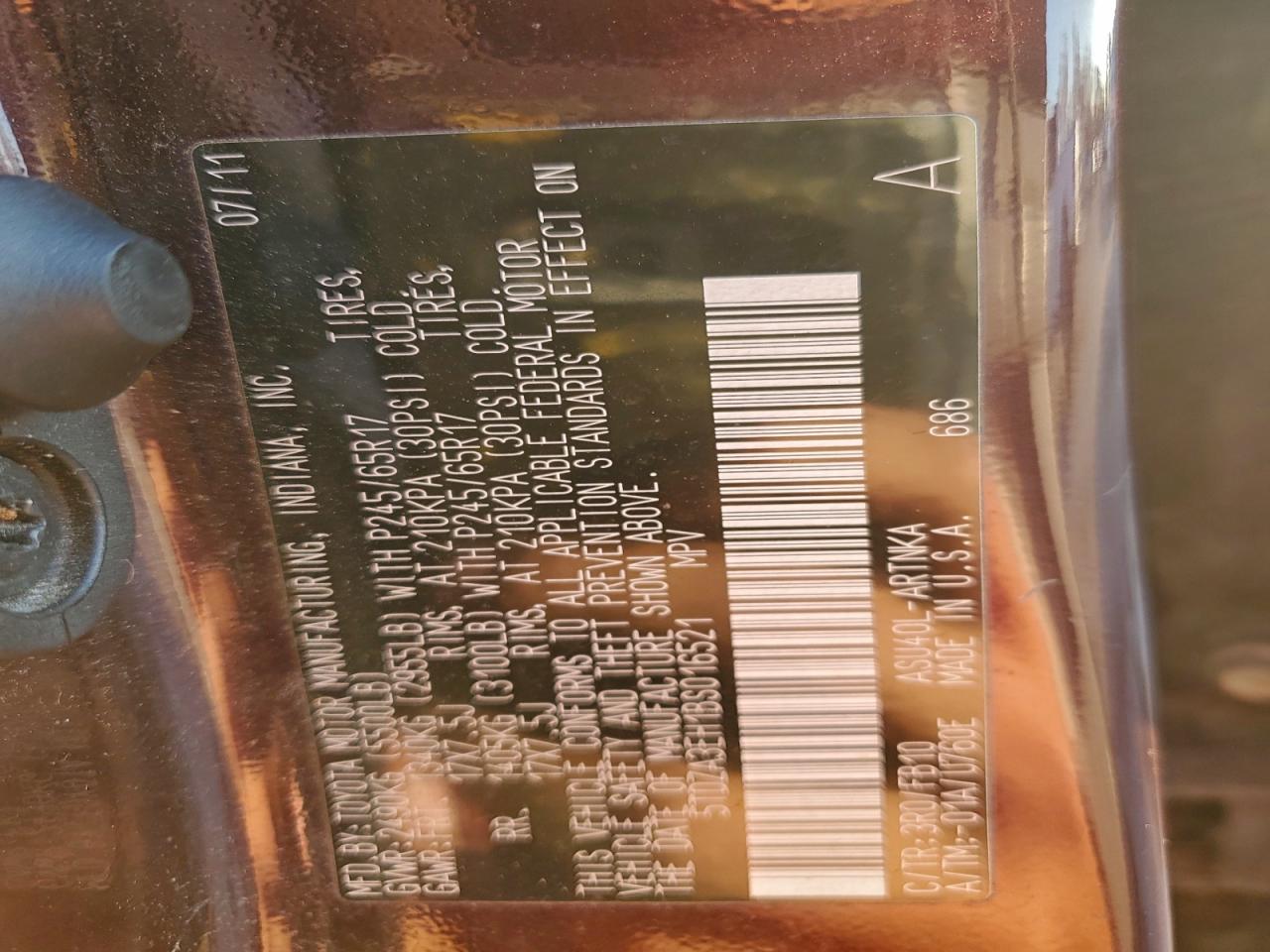 2011 Toyota Highlander Base VIN: 5TDZA3EH1BS016521 Lot: 95022395