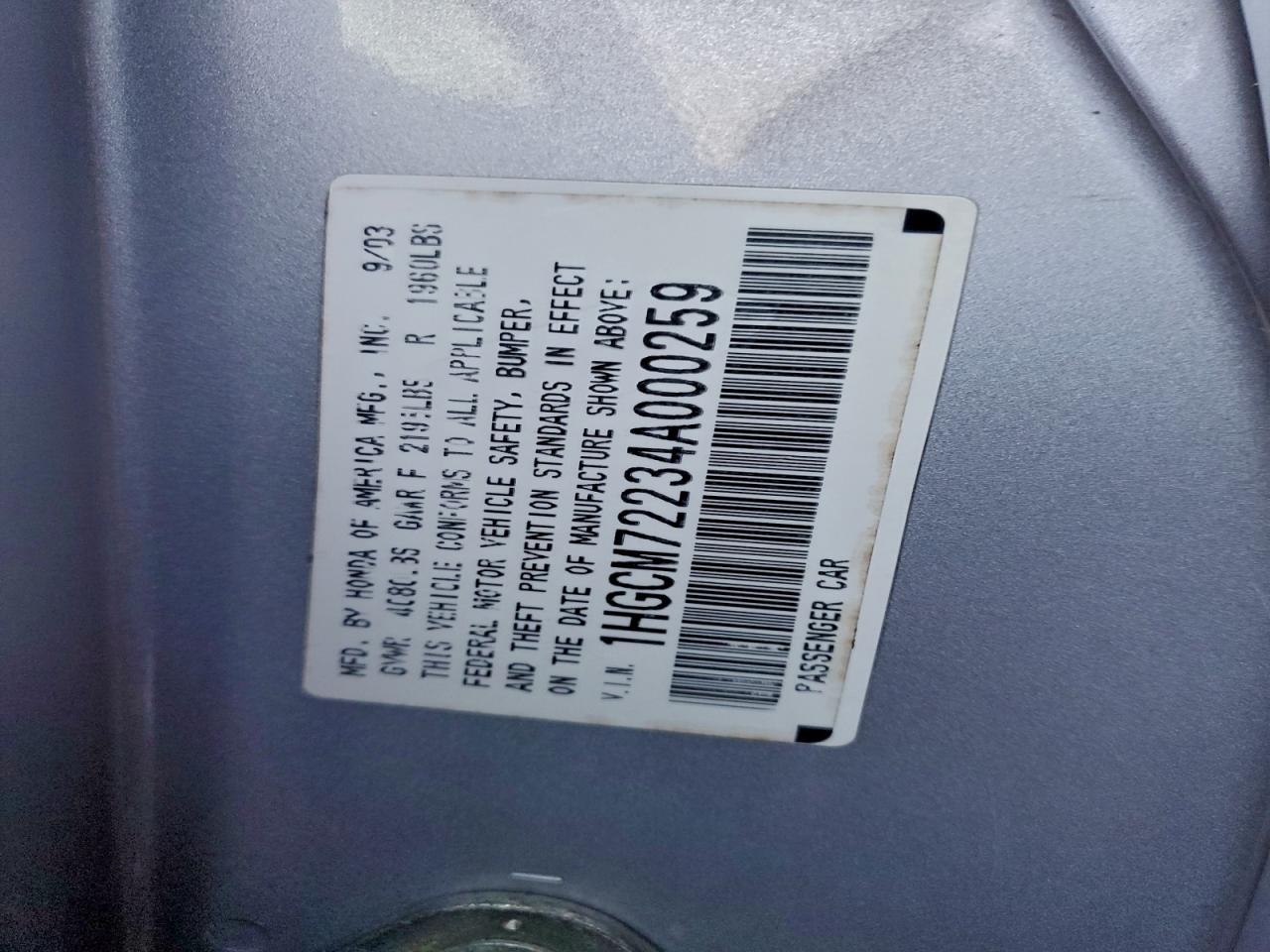 2004 Honda Accord Lx VIN: 1HGCM72234A000259 Lot: 92953605