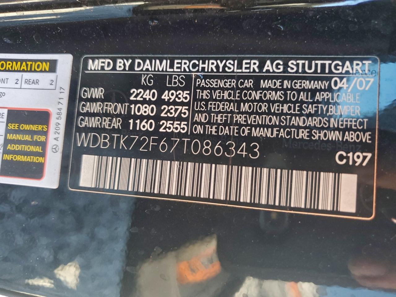 2007 Mercedes-Benz Clk 550 VIN: WDBTK72F67T086343 Lot: 95174865