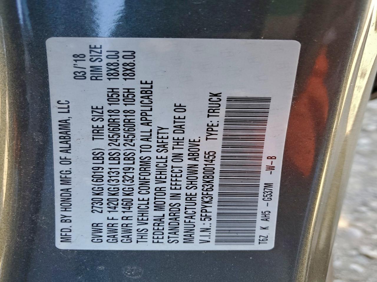 2019 Honda Ridgeline Rtl VIN: 5FPYK3F63KB001455 Lot: 95789085