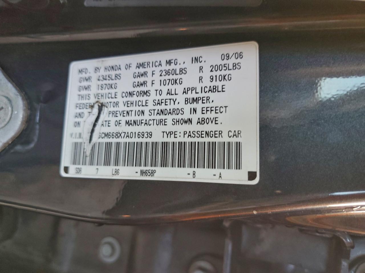 2007 Honda Accord Ex VIN: 1HGCM668X7A016939 Lot: 96770565